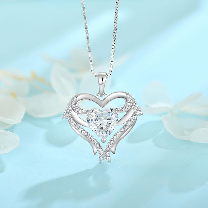 FJ Heart Angel Wings Pendant Necklace 925 Sterling Silver Birthstone Jewelry Gifts for Women