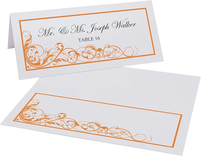 Scribble Vintage Swirl Printable Place Cards, Orange (Choose Color), Set of 60 (10 Sheets), Laser & Inkjet Printers - Wedding, Party, Dinner, and Special Events - Made in the USA