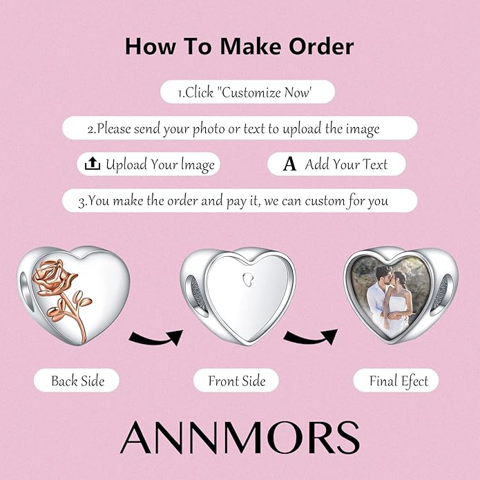 Annmors Personalized Photo Charms For Bracelets/Necklace 925 Sterling Silver Love Heart Shaped Engraved Customize Picture Gift for Birthday Mother's Day,Bead Charms Jewelry for Women