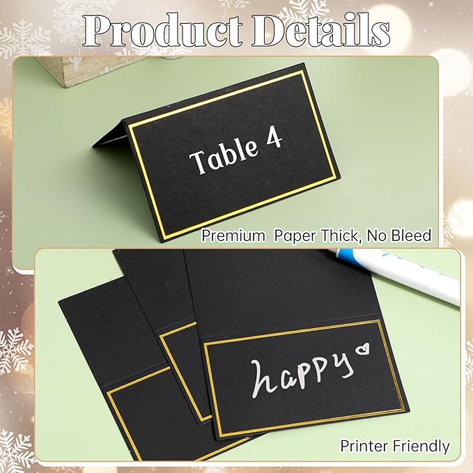 50Pcs Place Cards, Table Name Cards with Gold Foil, Place Card for Table Setting Food Labels for Party Buffet, Wedding Places Card Tent Carded for Dinner Parties,Events, Bridal Shower(Black)
