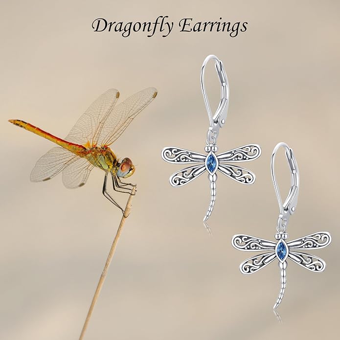 ONEFINITY Dragonfly Earrings 925 Sterling Silver Moonstone Leverback Dragonfly Dangle Drop Earrings Women Jewelry Gifts
