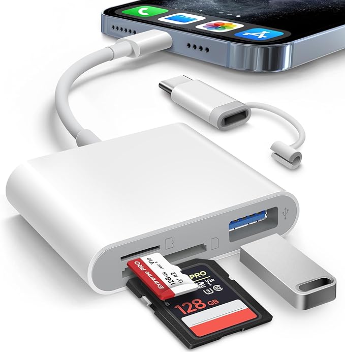 SD Card Reader for iPhone iPad Built-in Lightening & USB-C Dual Connectors Card Adapter with SD MicroSD USB-A 3 Slots Trail Camera Memory Card Viewer, Portable No App Required Plug and Play