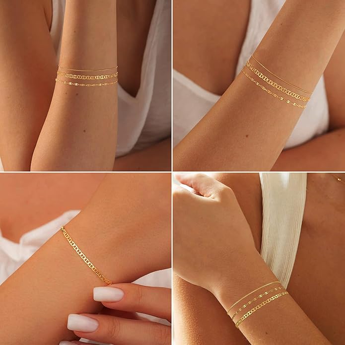 MBW Gold Bracelets for Women Trendy, Dainty 14K Gold Plated Bracelet Stack Beaded Chain Bracelet Set Thin Small Cute Paperclip Bracelets Fashion Waterproof Jewelry Gift Gold Accessories for Women