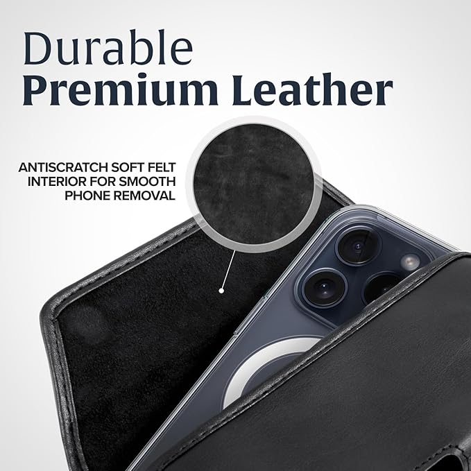 Turtleback Belt Clip for iPhone 16 Pro, 16e, 15 pro 14 Pro 13 Pro -Small- Fits w/Slim MagSafe Style Cases - Premium Black Leather, Horizontal Belt Holder, Magnetic Closure HD Rotating Belt Clip