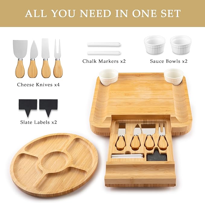 Zulay Kitchen Premium Bamboo Charcuterie Board - Extra Thick Bamboo Board with 4 Piece Knife Set - Perfect for Charcuterie, Wine and Cheese