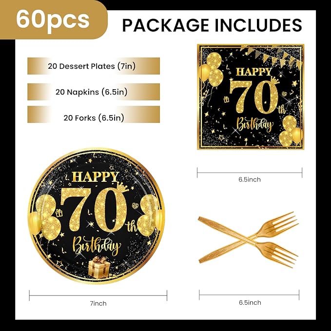 70th 7 inch Birthday Party Paper Plates and Napkins Forks 60 pcs Black Gold Birthday Decorations for Boys Girls Tableware Set for Anniversary Party Supplies,Serve 20