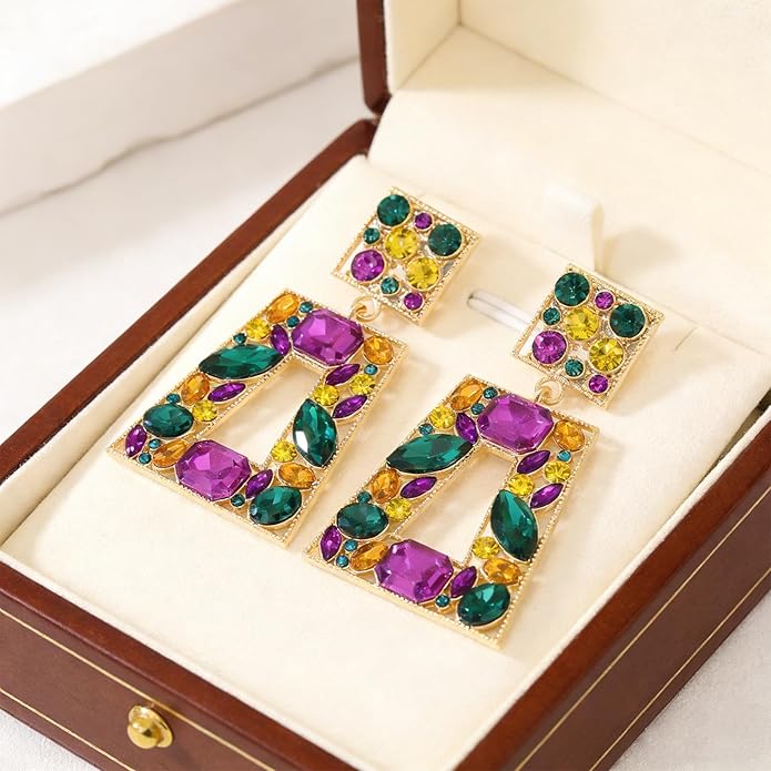 Rhinestone Rectangle Statement Earrings Colorful Crystal Geometric Drop Dangle Earrings for Women Prom Party
