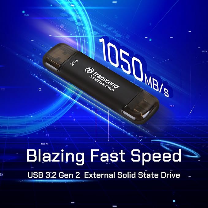 Transcend 512GB External SSD, Up to 1,050MB/s, Dual USB Flash Drive for iPhone&iPad&Mac, Windows&Android, Tablet&PC, Smart TV, USB 3.2 Gen 2 Thumb Drive Photo Stick, 2-in-1 Type C &Type A Memory Stick