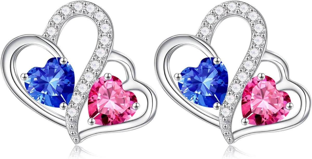 Iefil Valentines Day Gifts for Her - Birthstone Earrings Gift for Women, 925 Sterling Silver Double Heart Birthstone Earrings | Anniversary Birthday Gifts for Women, Personalized Jewelry for Wife Mom