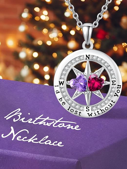 Compass Necklace for Women, Exquisite S925 Valentines Day Anniversary Birthday Gifts for Wife Her Double Birthstone Pendant Jewelry ‘I'd be Lost Without You’
