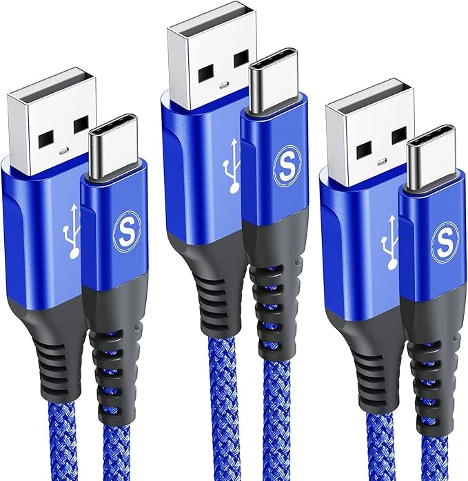 sweguard USB Type C Charger Cable [3-Pack,10ft+6.6ft+3.3ft] iPhone 15 Charger Nylon Braided Cord for iPhone 15 Pro Max Samsung Galaxy S23 S22 S21 S20 S10 Note 20 10 Flip A53 A54 Pixel LG Moto PS5-Blue