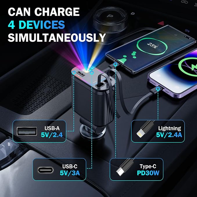 Car Charger with Starlight, 66W USB C Fast Car Chargers Adapter, 4 in 1 Retractable Car Charger with 2 USB Ports for iPhone16/15/14/13/12/11 and for Android (Black)