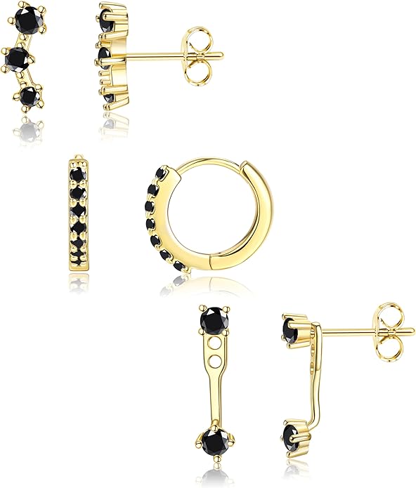 FIASASO 3 Pairs 925 Sterling Silver Hypoallergenic Earrings for Women Trendy - 14K Gold Plated Stud Hoop Cartilage Earrings Set Small Earring Stacks for Sensitive Ears Non Tarnish Dainty Silver Earring