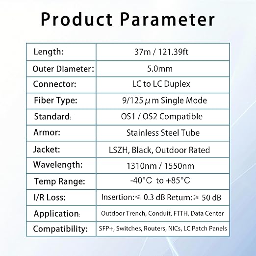 37M/121FT LC to LC Armored Outdoor Fiber Optic Cable, Single Mode Duplex 9/125μm SMF Fiber Patch Cord, OS1/OS2 Compatible, Black LSZH Jacket, Uniboot Jumper for FTTH, Data Center, Long-Distance Use