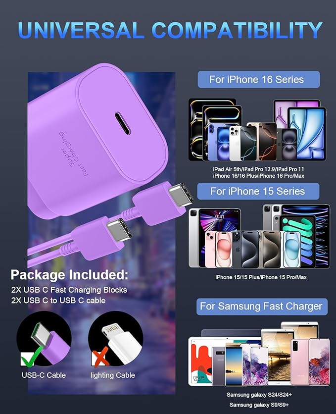 Phone 16 15 Charger Fast Charging,16 Pro Charger,30W USB-C Fast Charger Block & 6.6Ft USB C to C Fast Charging Cord for Phone 16 15 Pro/16 15 Pro Max/15 Plus,Pro 12.9,Samsung Galaxy S24 Ultra,Purple