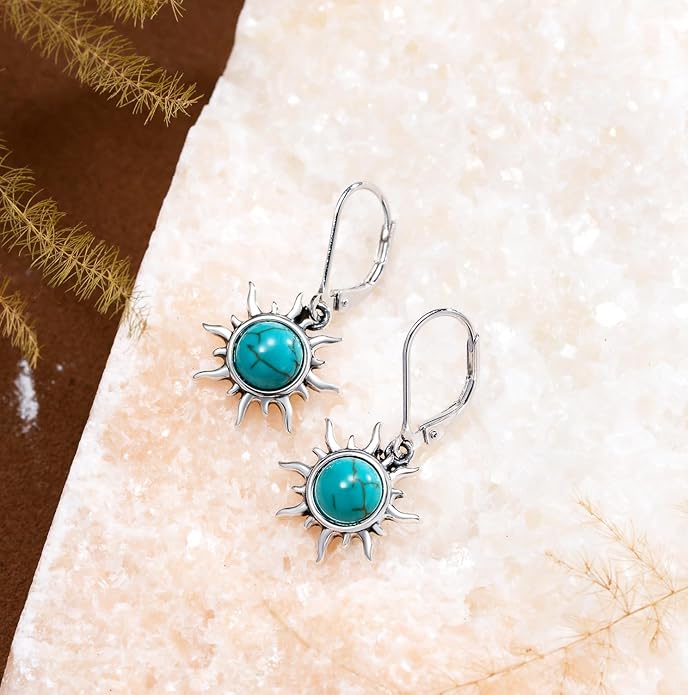 Genuine Sun Turquoise Jewelry Set for Women, Sterling Silver Native American Neckace and Dangle Earings Western Jewelry Birthdays Gift