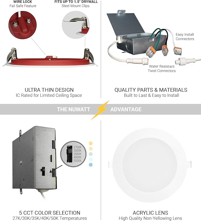 NUWATT 2 Hour Fire Rated Recessed Lighting 6 Inch Wafer LED Lights, 2700K/3000K/3500K/4000K/5000K Selectable, Dimmable 1200LM, 15W, Wet & IC Rated, 90 CRI Canless Light, No Tenmat Needed, ETL, 6 Pack