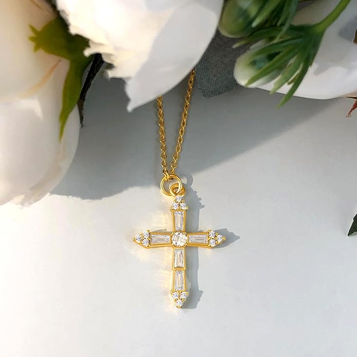 Zeffy Cross Necklace for Women,18K Gold/Silver Plated Tiny Cubic Zirconia Cross Pendant Necklace for Women Simple Layered Cross Necklaces for Women