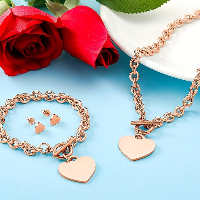 Bucherry 3 Pcs Heart Jewelry Set Bow Snowflake Jewelry Heart Pendant Chain Toggle Necklace with Bracelet Earrings Snowflake Stainless Steel Link Chain for Women Gift