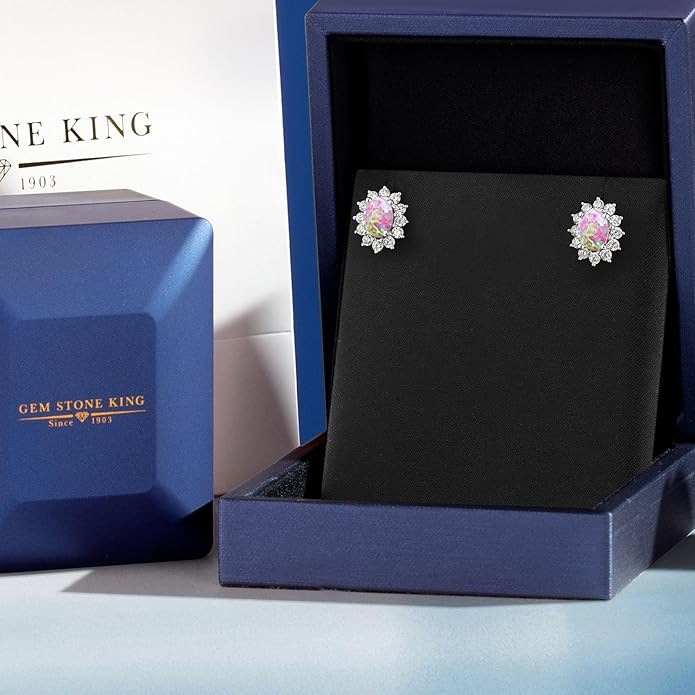Gem Stone King 7X5MM Oval Gemstone Birthstone Stud Earrings For Women | Princess Diana Royal Halo Style | 925 Sterling Silver | Fine Jewelry Gifts for Anniversary Wedding Her Mom Women Wife