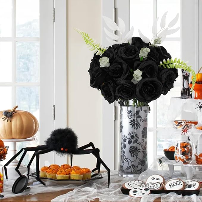 Tifuly 50 Pcs Black Roses Artificial Flowers Bulk,Realistic Long Stem Fake Silk Roses for Wedding Centerpiece Table Vases Party Home Kitchen DIY Bouquets Decor