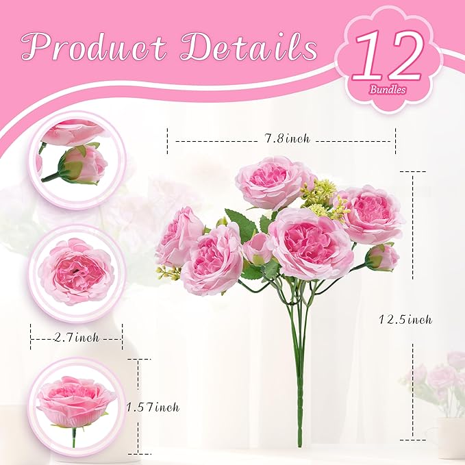 12 Packs Artificial Peonies Silk Flowers: Faux Peony Bouquet 12 Bundles, Fake Peonies Flowers Bulk for Centerpiece Table Wedding Party Home Decor for Vase Decoration (Pink)