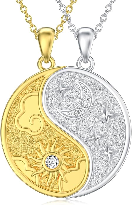 Diamond Sun and Moon Yin Yang Necklace for Couple Best Friend 925 Sterling Silver Yin Yang Matching Necklace with Lab Grown Diamond Jewelry Gifts Couple Friendship BFF Necklace for 2