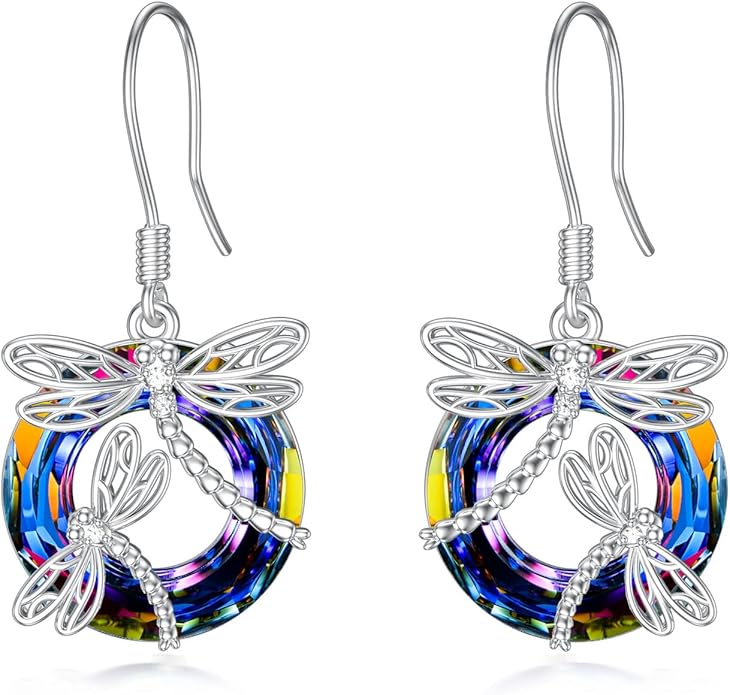 TOUPOP Dragonfly Gifts for Women Sterling Silver Dragonfly Earrings with Circle Crystal Dragonfly Dangle Drop Earrings Jewelry Gifts for Women Mom Birthday Christmas