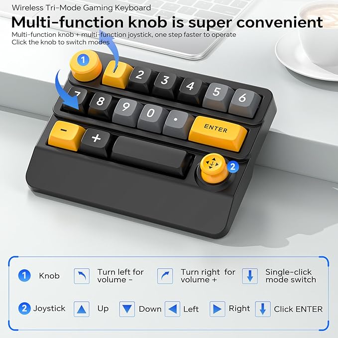 Adventurers W909 Wireless RGB Mechanical Numeric Keypad, Hot-Swappable, Macro-Programmable Numpad, Joystick & Knob Control for PC/Tablet/Laptop/Phone, Tri-Mode Connectivity (Yellow on Black)