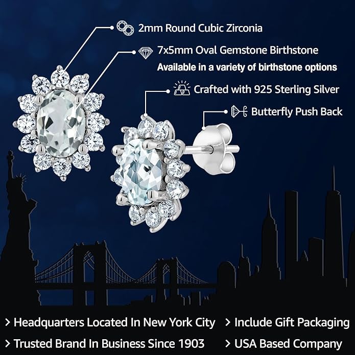 Gem Stone King 7X5MM Oval Gemstone Birthstone Stud Earrings For Women | Princess Diana Royal Halo Style | 925 Sterling Silver | Fine Jewelry Gifts for Anniversary Wedding Her Mom Women Wife
