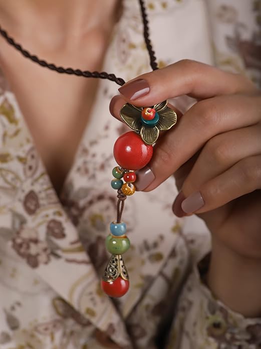 MINACHI Vintage Bohemian Colorful Ceramic Bead Antique Flower Y Necklace, Vintage Boho Hippie Statement Jewelry Gift for Women