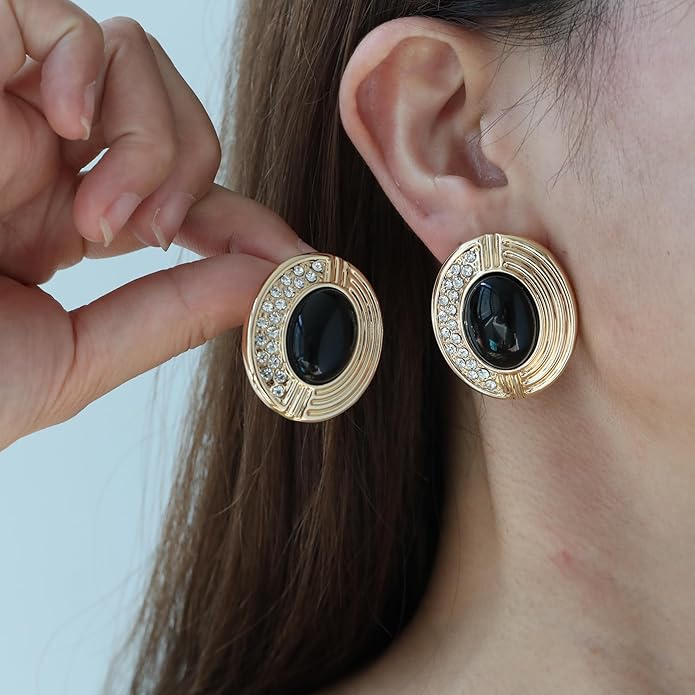 Statement Chunky Gold Earrings for Women,Crystal Rhinestone Accents Large Stud with Stone and Pearl