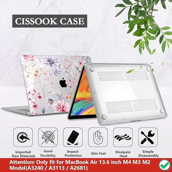 CISSOOK Flower Case for MacBook Air 13.6 Inch M4 M3 M2 Chip Model A3240 A3113 A2681, Plastic Shell Cover with Keyboard Cover Screen Protector for MacBook Air 13 2022-2025, Flowers Watercolor