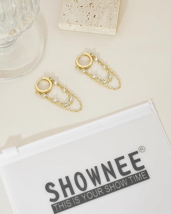 Tassel Chain Small Gold Hoop Dangle Earring For Women Huggie Earring Heart Star CZ 14K Gold Plated Fashion Jewelry Friendship Gift