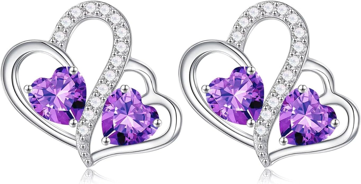 Iefil Valentines Day Gifts for Her - Birthstone Earrings Gift for Women, 925 Sterling Silver Double Heart Birthstone Earrings | Anniversary Birthday Gifts for Women, Personalized Jewelry for Wife Mom