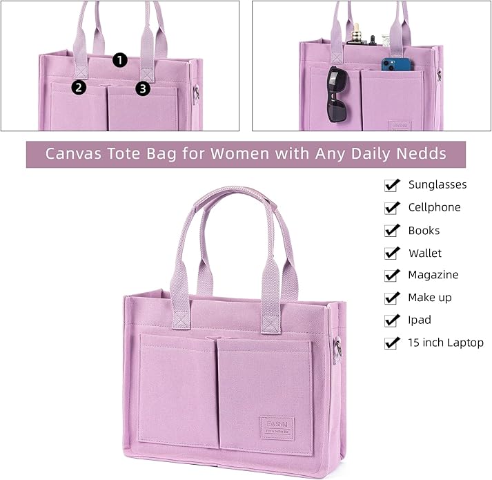 Canvas Tote Bag for Women, Large Laptop Travel Tote Handbag Totes with Crossbody Shoulder Teachers Reusable Grocery Bags