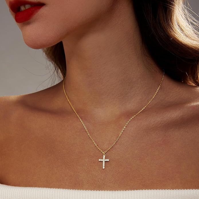 Zeffy Cross Necklace for Women,18K Gold/Silver Plated Tiny Cubic Zirconia Cross Pendant Necklace for Women Simple Layered Cross Necklaces for Women