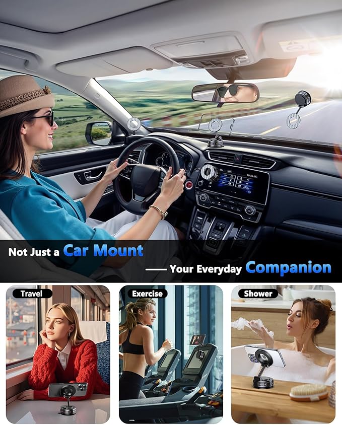 Vacuum Magnetic Car Phone Holder for Magsafe [89+LBS Suction & 3200gf Magnetic] 360° Adjustable Ultra Suction Cup Phone Holders for Your Car/Gym/Mirror, Car Mount for iPhone & Android (Black)