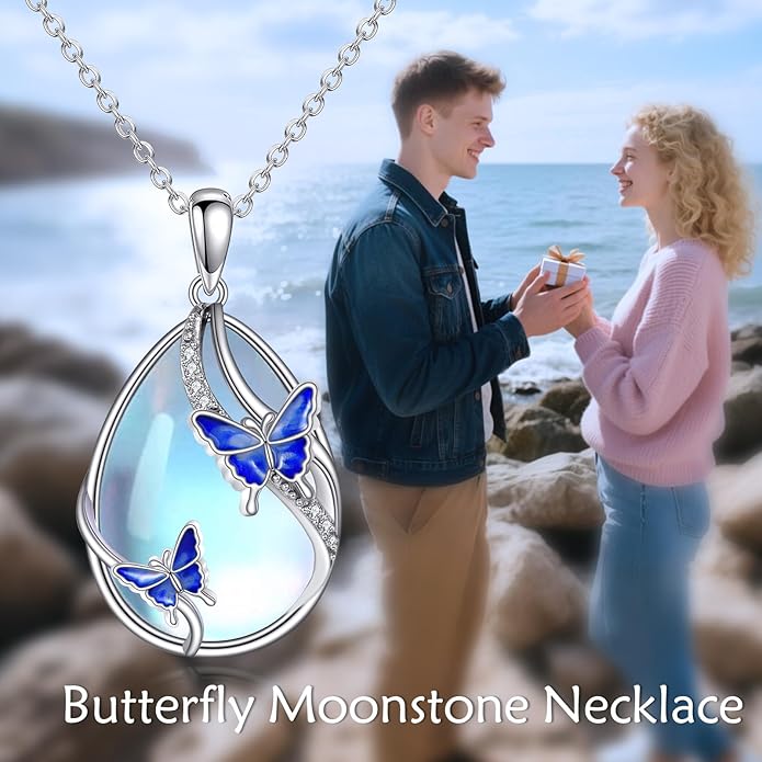 KQF Dragonfly/Butterlfy/Cat/Jellyfish/Bunny/Axolotl/Bee/Mermaid/Hummingbird/Elephant Necklace for Women Sterling Silver Moonstone Pendant Necklace Dragonfly Jewelry Gifts for Women