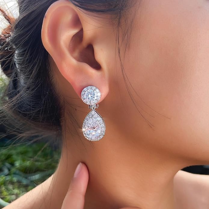 Elegant Cubic Zirconia Long Clip-On Earrings, Teardrop Crystal Dangle Design, Non-Pierced Ears, Wedding Bridal Party Jewelry
