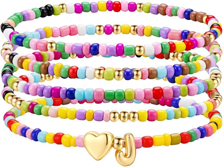 M MOOHAM Valentines Gifts for Kids - 5PCS Colorful Beaded Initial Bracelets for Girls Women Cute Stretch Heart Letter Bracelet Initial Stackable Bracelet Birthday Gift Jewelry for Kids Teen Girl