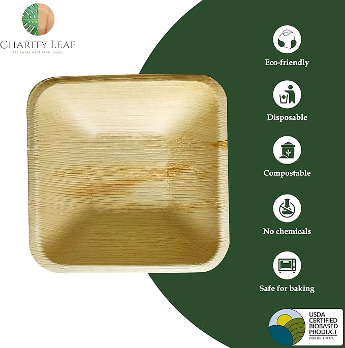 Charity Leaf Disposable Palm Leaf 6" Square Bowl (200 pcs) Dipping Bowls | Bamboo Like| All Natural and Biodegradable | Charcuterie Boards, BBQs, and Parties