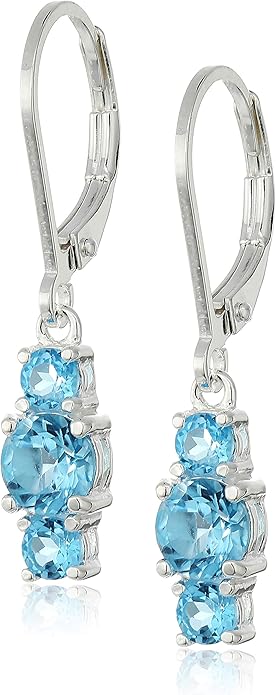 Amazon Essentials Sterling Silver Genuine and Created Gemstone Three Stone Birthstone Leverback Dangle Earrings