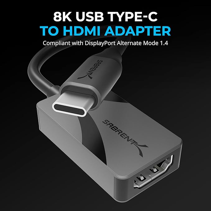 SABRENT 8K USB Type-C to HDMI Adapter - 8K@30Hz & 4K@120Hz, HDR10/Dolby Vision, VRR & FreeSync, Compatible with Laptops, Tablets, Smartphones, Portable Gaming Systems, Aluminum Design (DA-CH8K)
