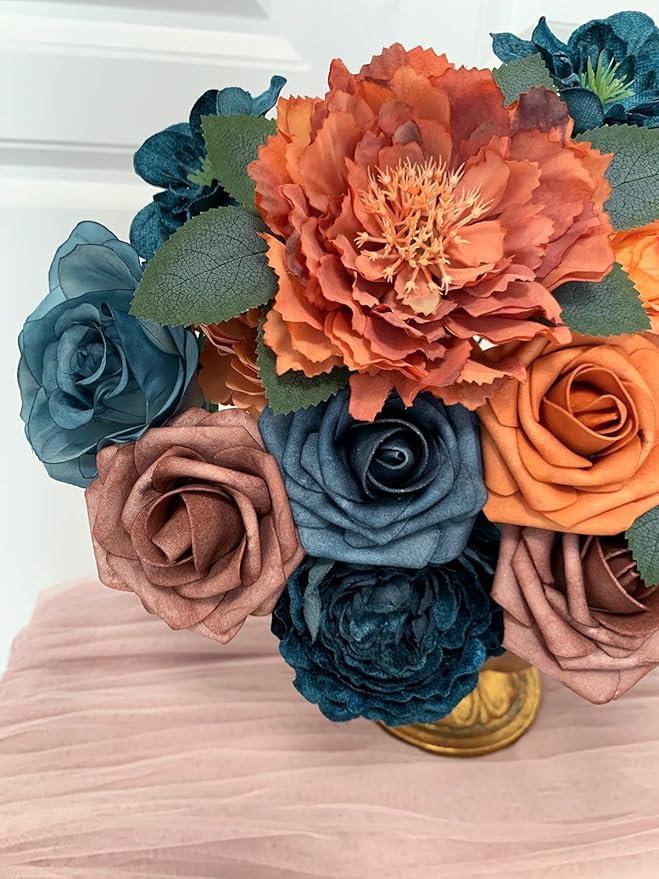 Roses Artificial Flowers Bouquet Box Set Fake Flower for DIY Bridal Wedding Shower Decorations Centerpieces for Table Faux Silk Floral Arrangement for Party Home Decor Indoor Teal Orange