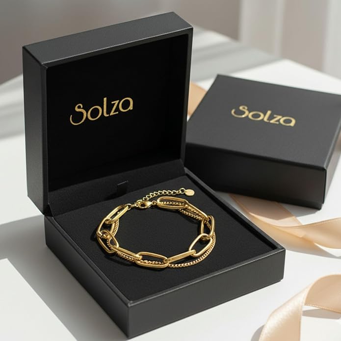 Solza Gold Chain Bracelet for Women – Adjustable Stainless Steel Heart Link Bracelet, Gold-Tone Non-Tarnish Fashion Jewelry