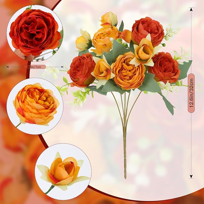 Floweroyal 4 Bunches Peony Artificial Flowers Orange Yellow Flowers Silk Peonies Bouquets for Wedding Party Table Centerpieces Floral Arrangement Home Kitchen Decor