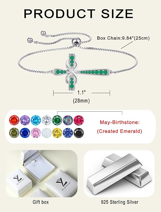 YL Cross Bracelet 925 Sterling Silver Infinity Sideways Link Bracelet Birthstone Jewelry for Women