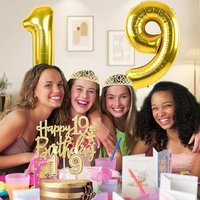 19th Birthday Decorations for Girls Gold with 19th Birthday Tiara and Sash, Cake Topper and Candles, Number Balloons, 19 Year Old Gifts for Girls