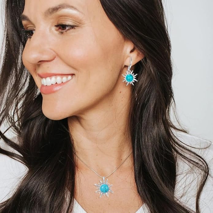 Genuine Sun Turquoise Jewelry Set for Women, Sterling Silver Native American Neckace and Dangle Earings Western Jewelry Birthdays Gift